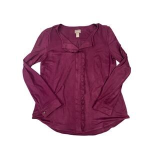 Chico’s Faux Suede Ruffle Front Button Front Blouse, Long Sleeve Women’s 0 (XS)‎